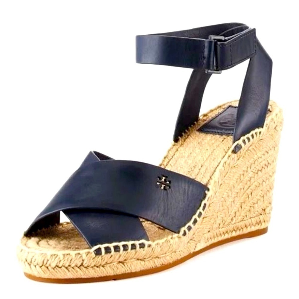 TORY BURCH Navy Cream Frieda Platform Wedge Espadrille Sandals Leather